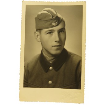 Studio portrait of German RAD soldier in a side hat. Espenlaub militaria